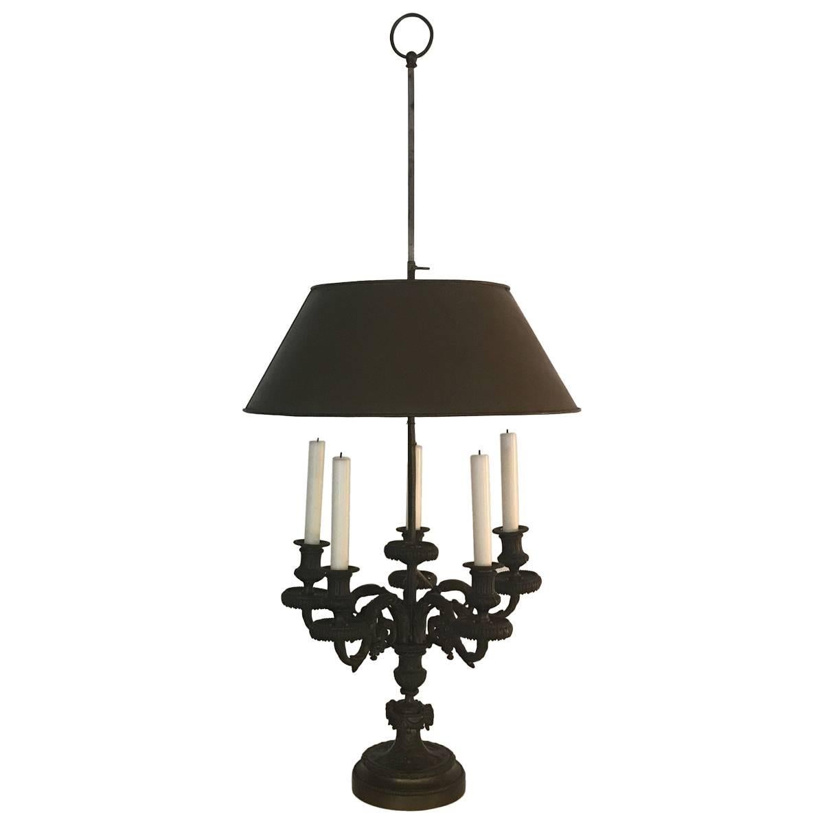 Cast Patinated Bronze Candelabra Lamp with Tole Shade