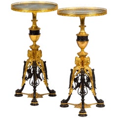 Pair of marble topped gilt and patinated bronze round side tables