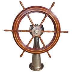 Antique American Mahogany Nautical Ship Wheel Mounted on Brass Geared Pedestal. C. 1870