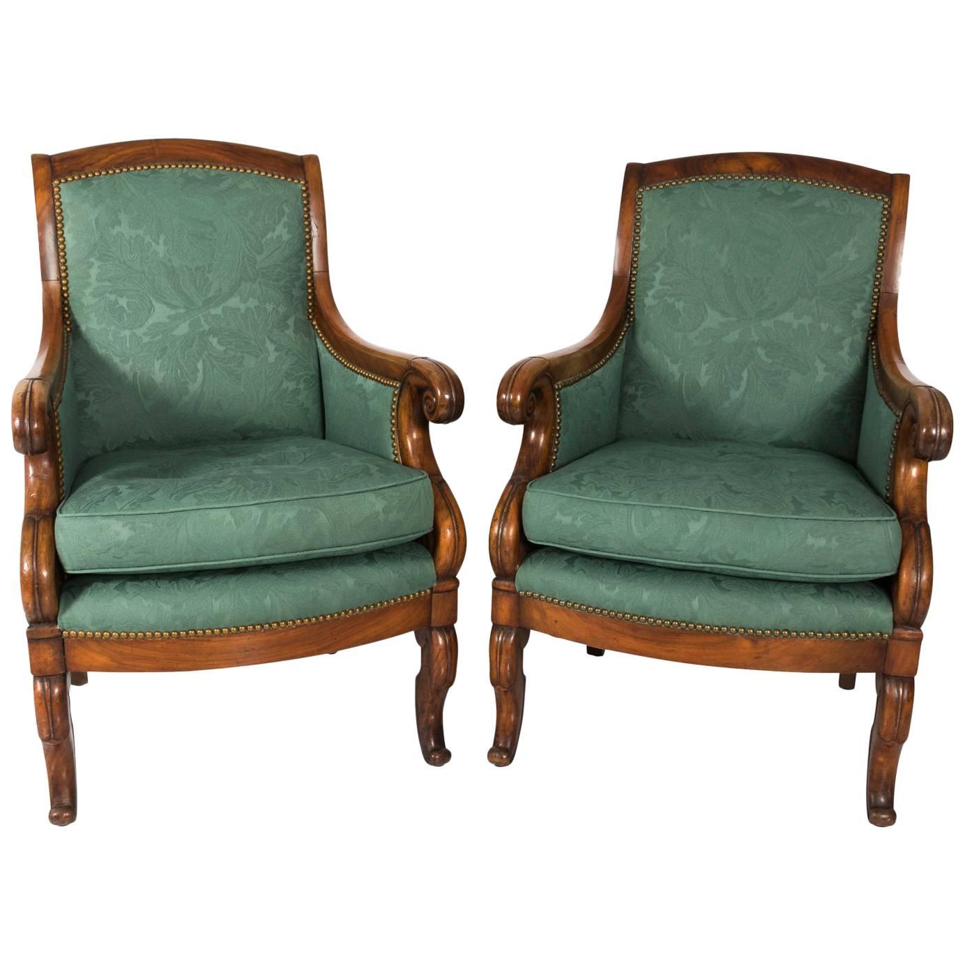 Pair of Early 20th Century Biedermeier Style Walnut Armchairs 