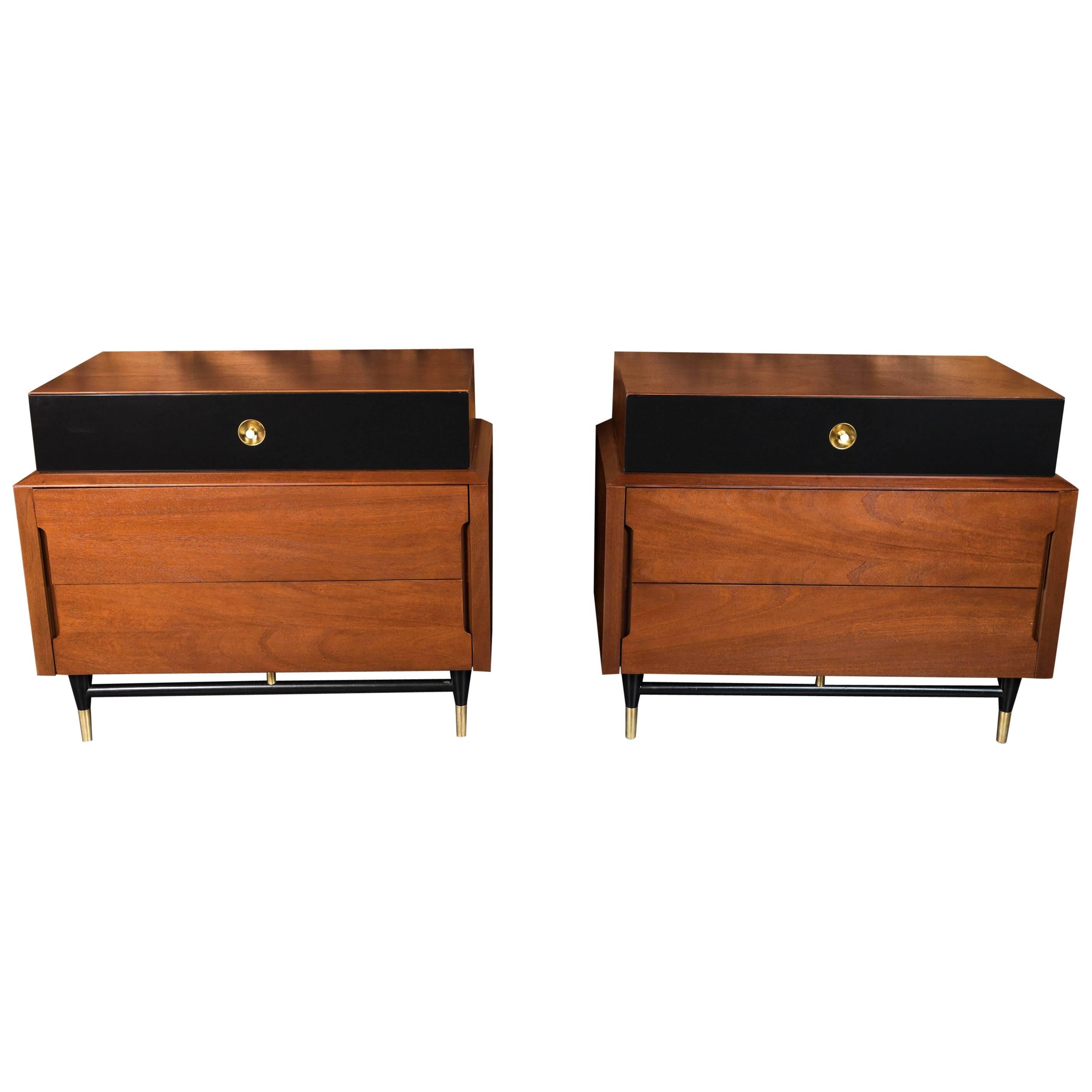Midcentury Refinished and Lacquered Small Dressers with Brass Details, Pair For Sale