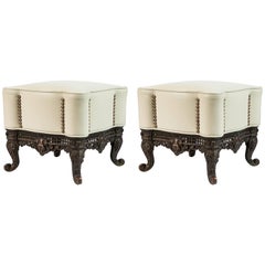 Pair of Vintage Footstools with Ornate Brass Legs and Base