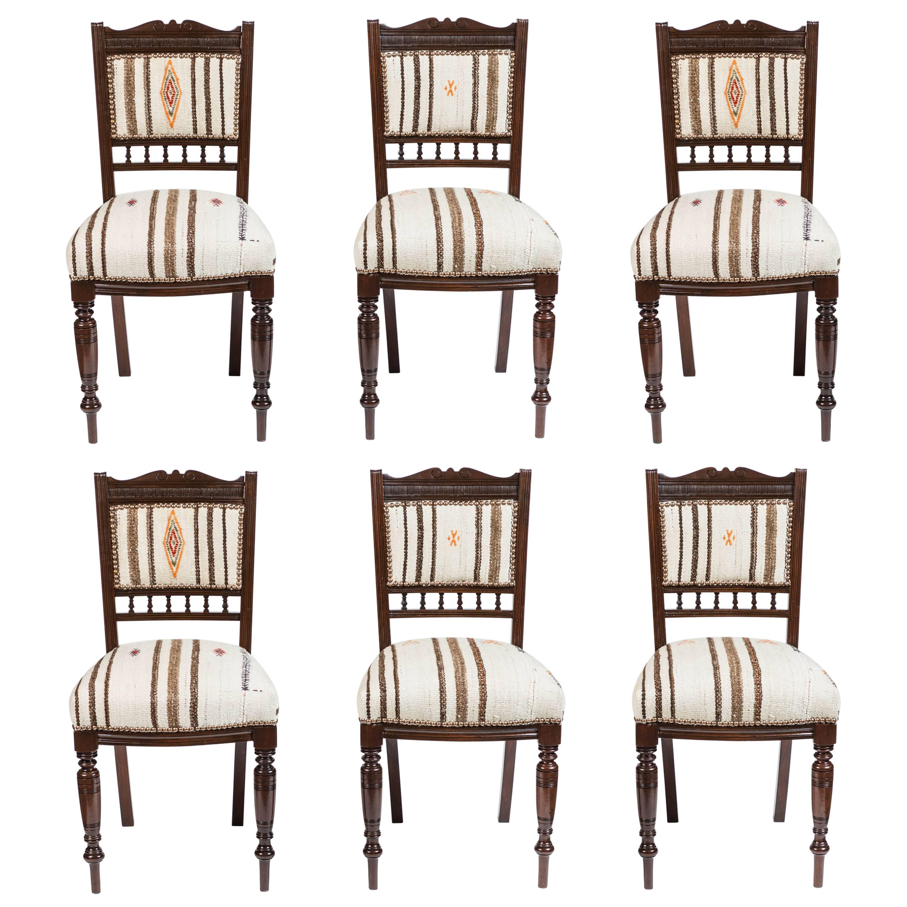 Set of Six Vintage Dining Chairs in Turkish Rug