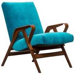 Tatra Bent Plywood Lounge Chair in Aquamarine Velvet