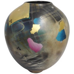 Robert Carlson Hand Thrown Pottery Vase of Many Colors and Gold Leaf
