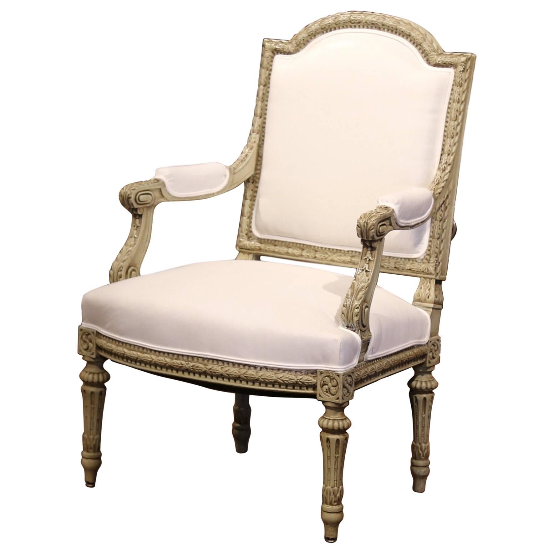 19th Century French Louis XVI Carved Painted Desk Armchair with Muslin 