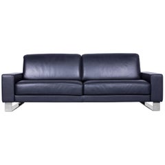 Rolf Benz Ego Designer Sofa Black Three-Seat Leather Modern Couch Metal Feet
