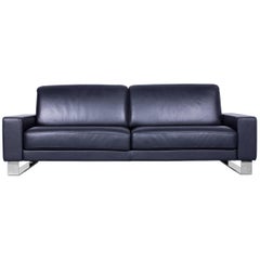 Rolf Benz Ego Designer Sofa Black Three-Seat Leather Modern Couch Metal Feet