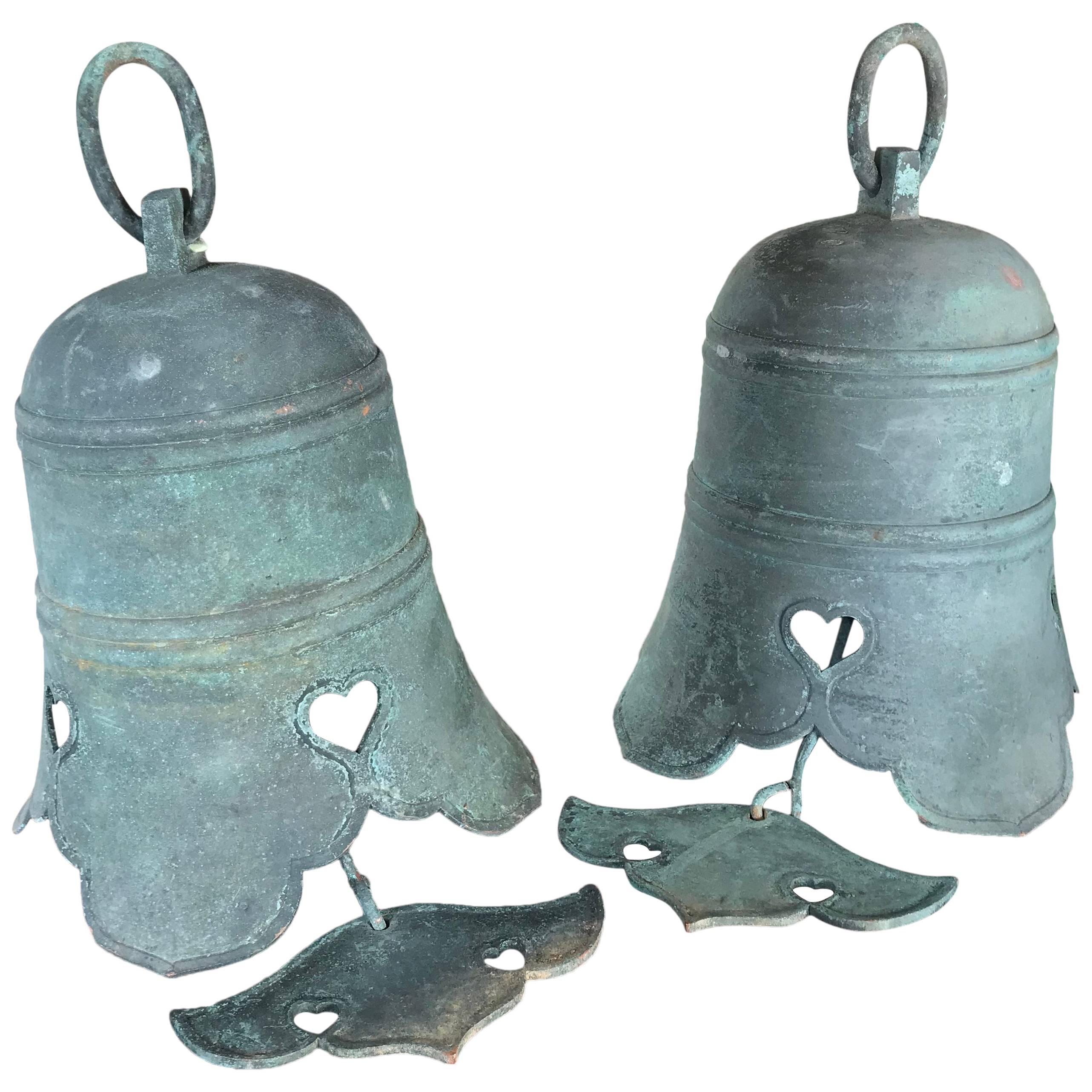Japanese Antique Pair of Hand Cast Big Bronze Temple Bells with "Cloud" Chimes