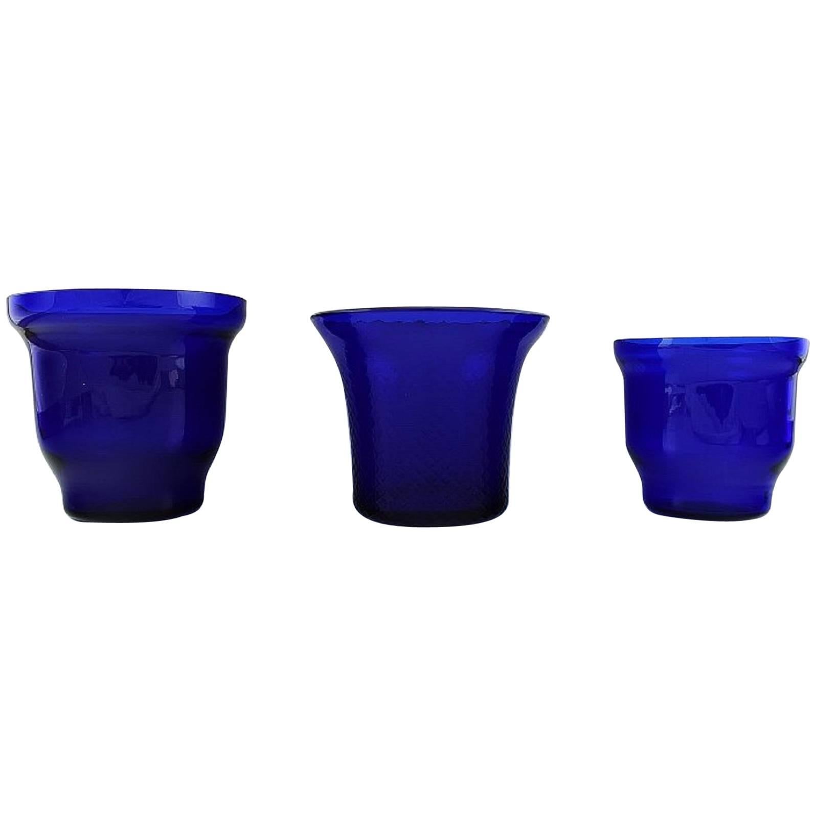 Three retro Lyngby art glass vases in blue. Denmark mid 20 c. For Sale