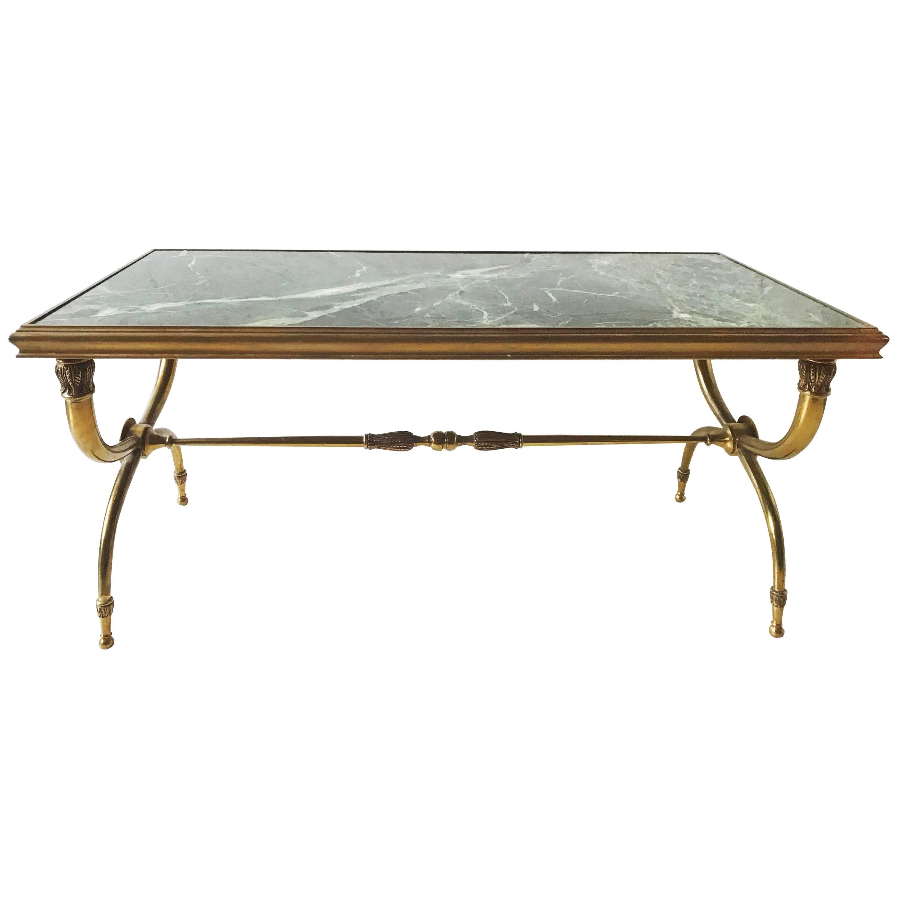 Superb coffee table attributed to Raymond Subes, bronze and 
Vert de Mer marble top, very heavy and sturdy.
Pair available.