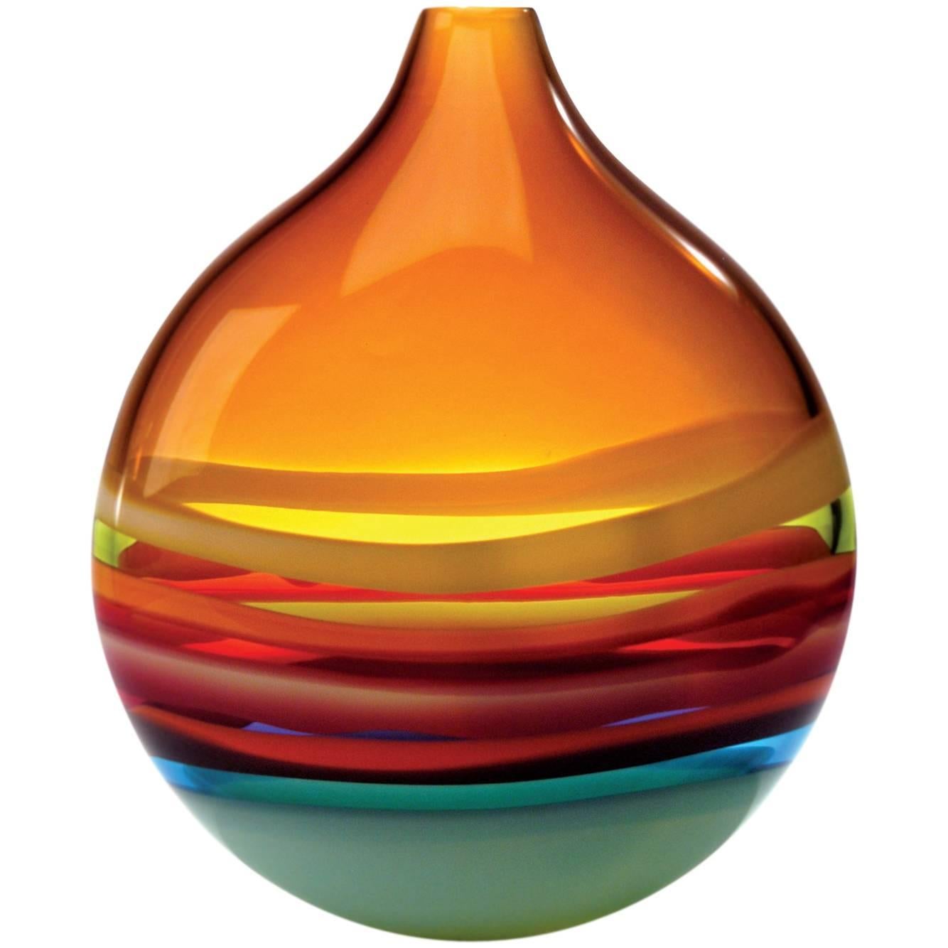 Large Amber Orange Glass Flat Round Vase by California Designer Caleb Siemon