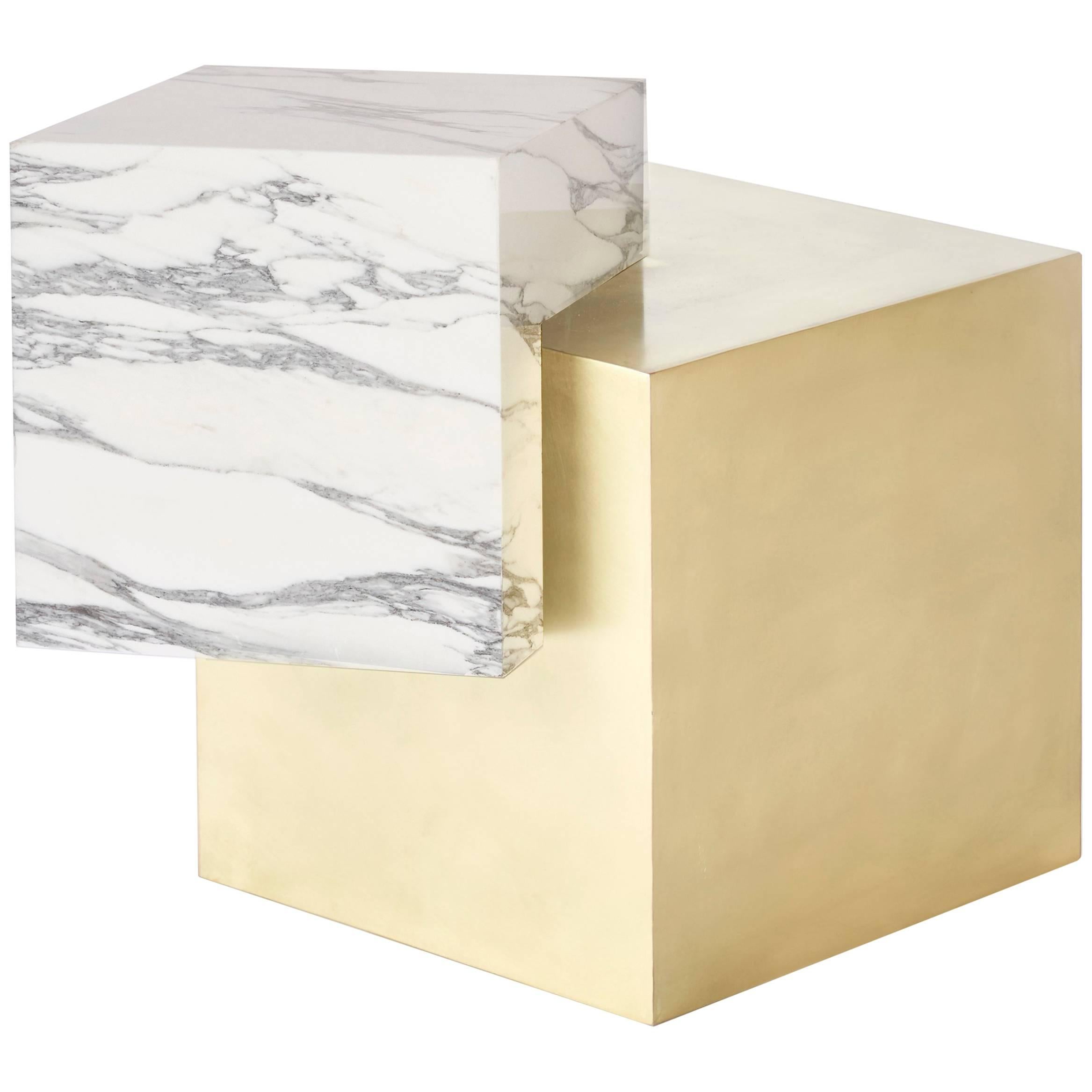 Coexist Askew Side Table in Statuary Marble with Brushed Brass Cube For Sale