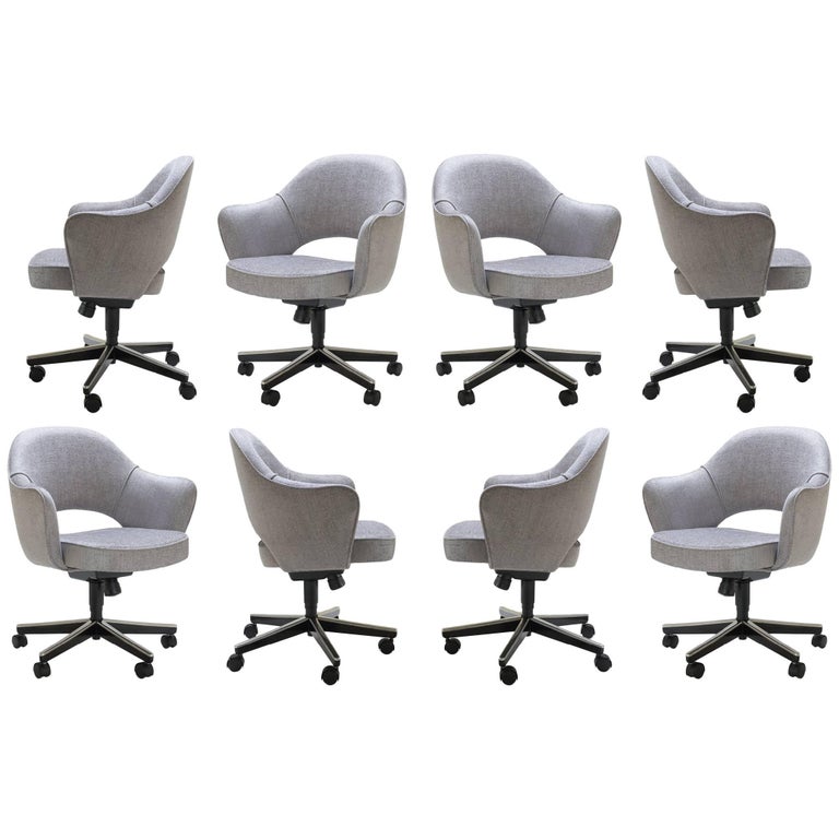 Saarinen Executive Arm Chairs in Sterling Weave, Swivel Base, Set of