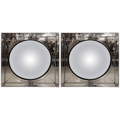 Pair of Modern Convex Center Square Framed Wall or Console Mirrors 