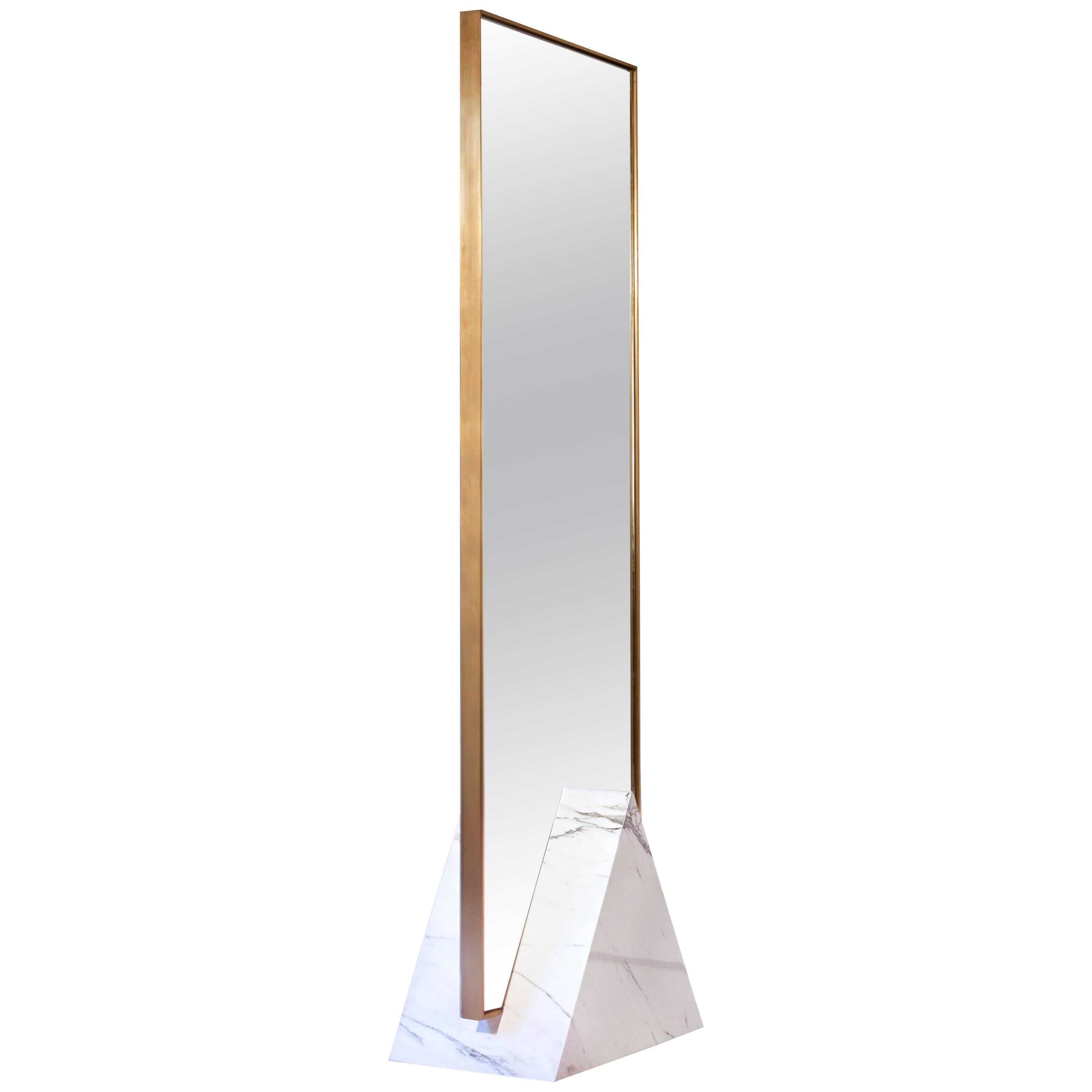 Contemporary Coexist Tri Standing Mirror in Polished Marble Cube & Brushed Brass For Sale