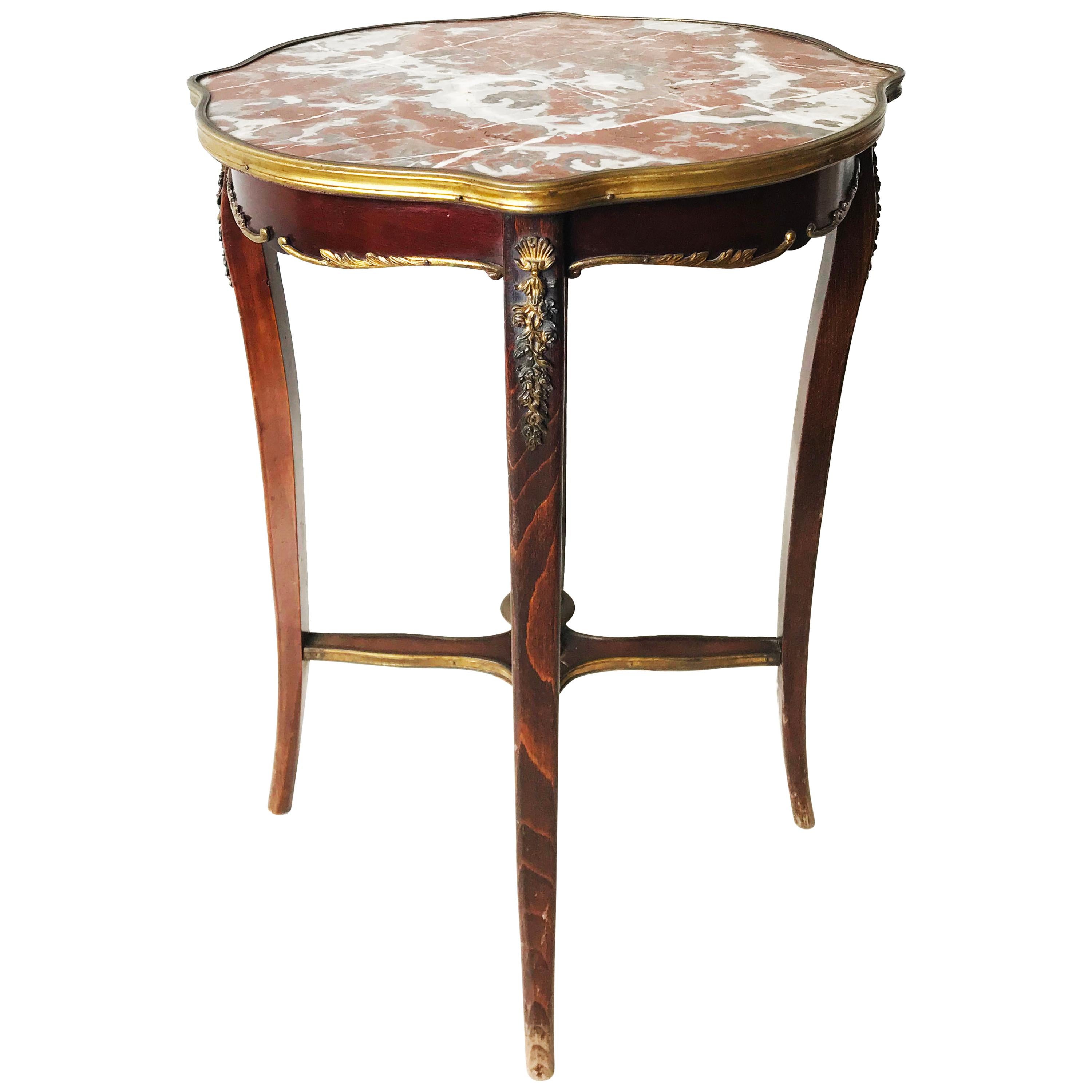 Louis XV Style Marble-Top Guéridon, Center Table Walnut Wood & Griotte Marble