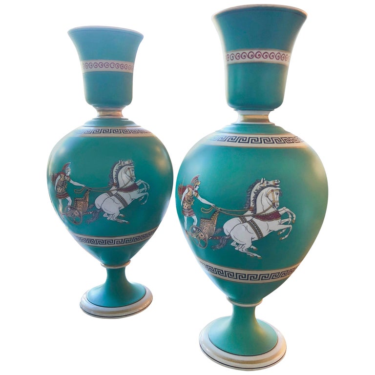 Pair of Signed F and R Pratt Earthenware Grecian/Roman Themed Greek Key