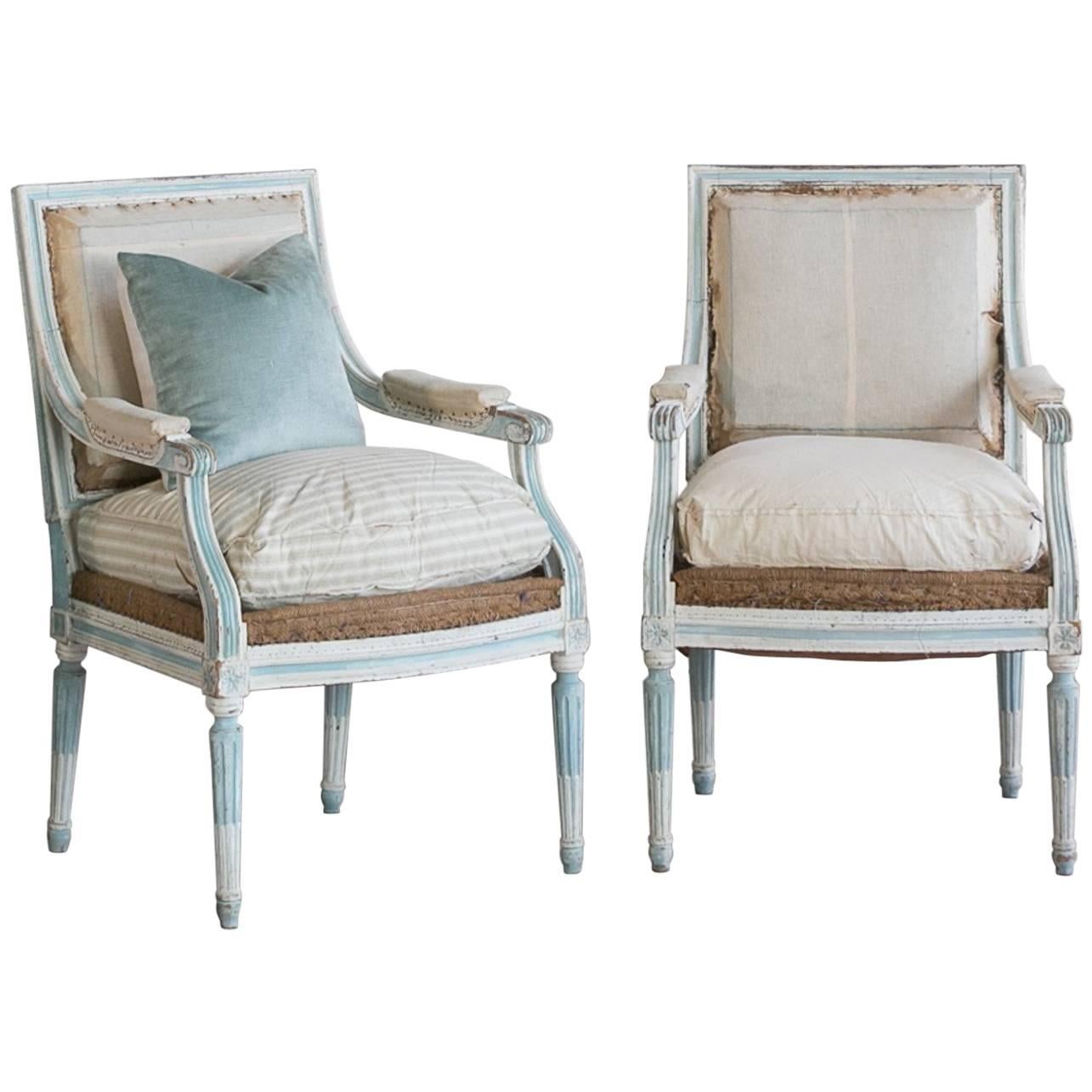 Pair of Antique Armchairs in Washed Aqua Finish: 1890