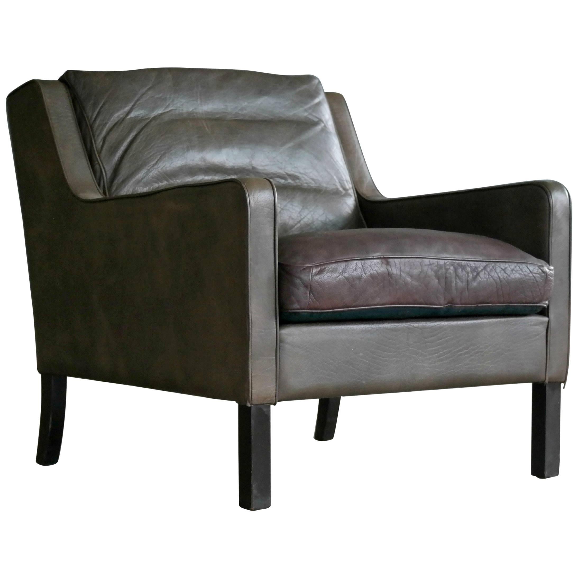 Borge Mogensen Style Low Back Lounge Chair in Dark Olive Leather by Georg Thams
