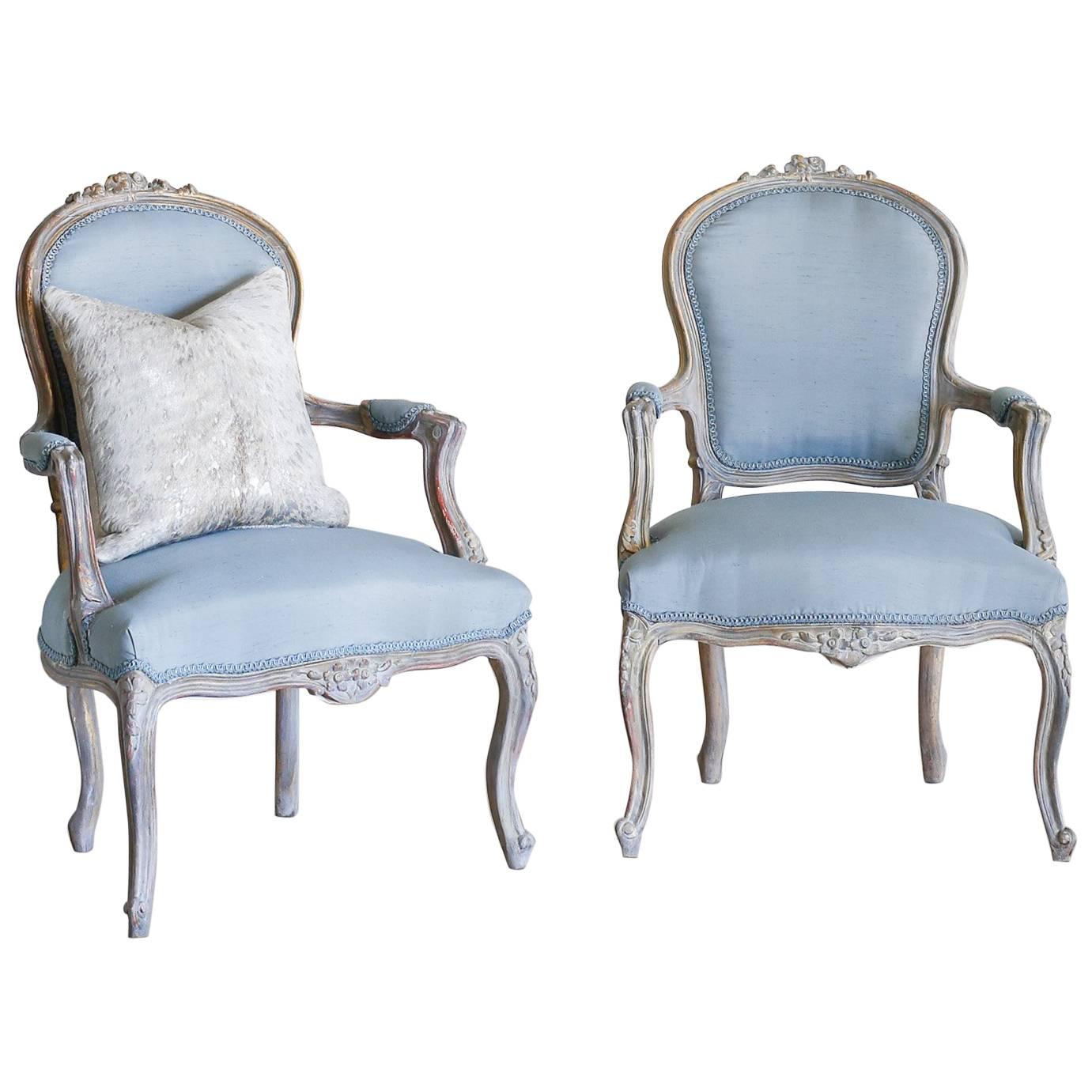 Pair of Vintage Armchairs in Blue Silk: 1940 For Sale