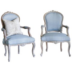 Pair of Vintage Armchairs in Blue Silk: 1940