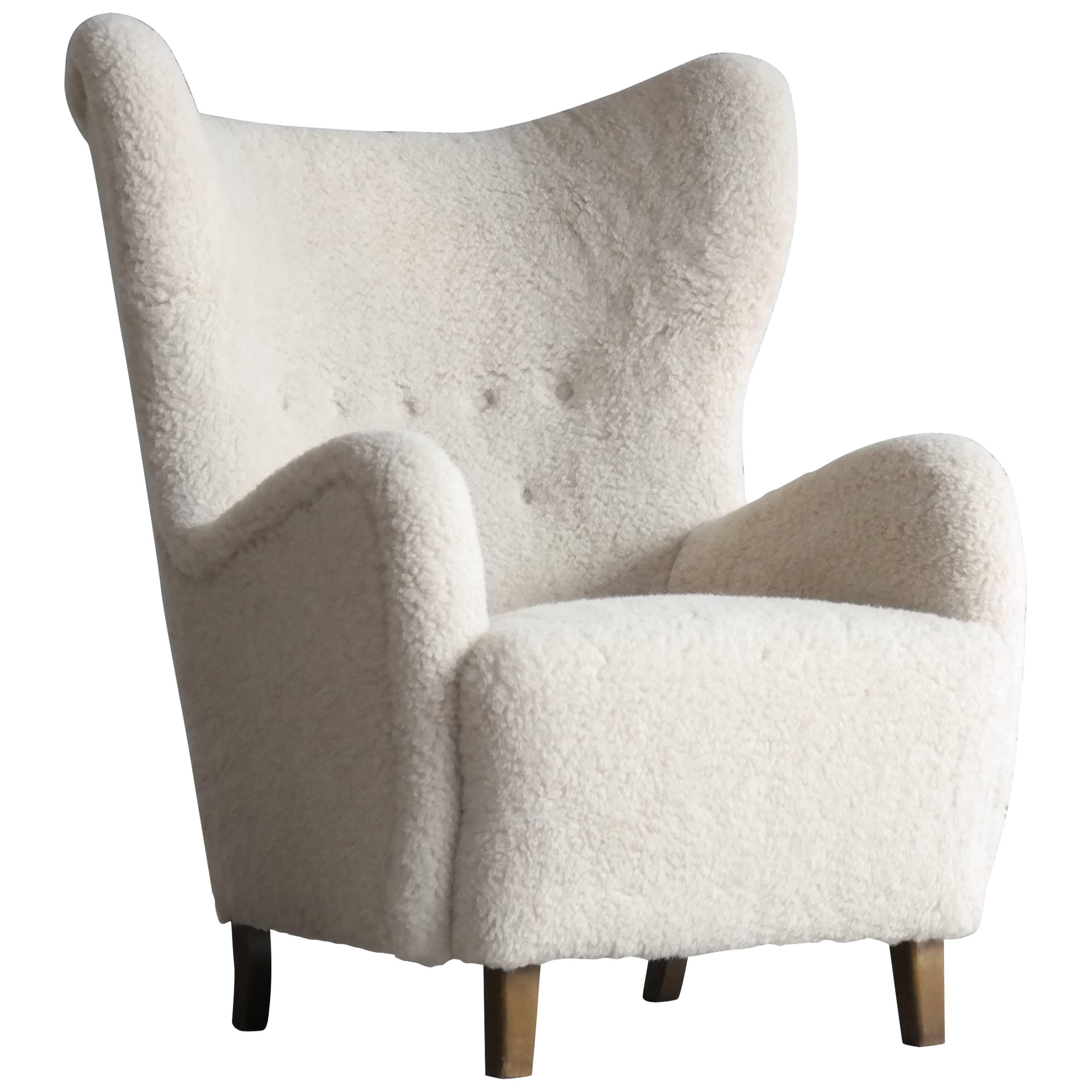 Flemming Lassen High Back Lounge Chair in Lambs Wool Danish Midcentury