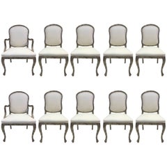 Set of Ten Louis XIV Style Silver Leaf Carved Dining Chairs