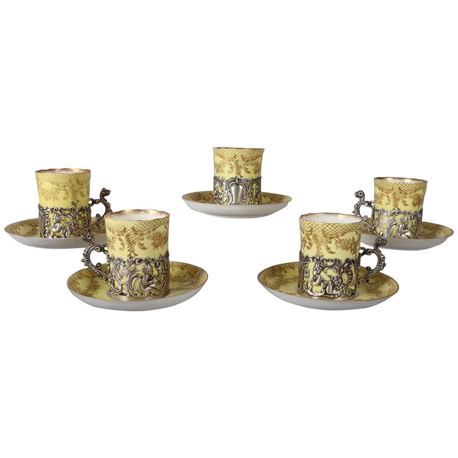 Five Classical English Staffordshire Eggshell Porcelain, Silver Espresso  Cup Set