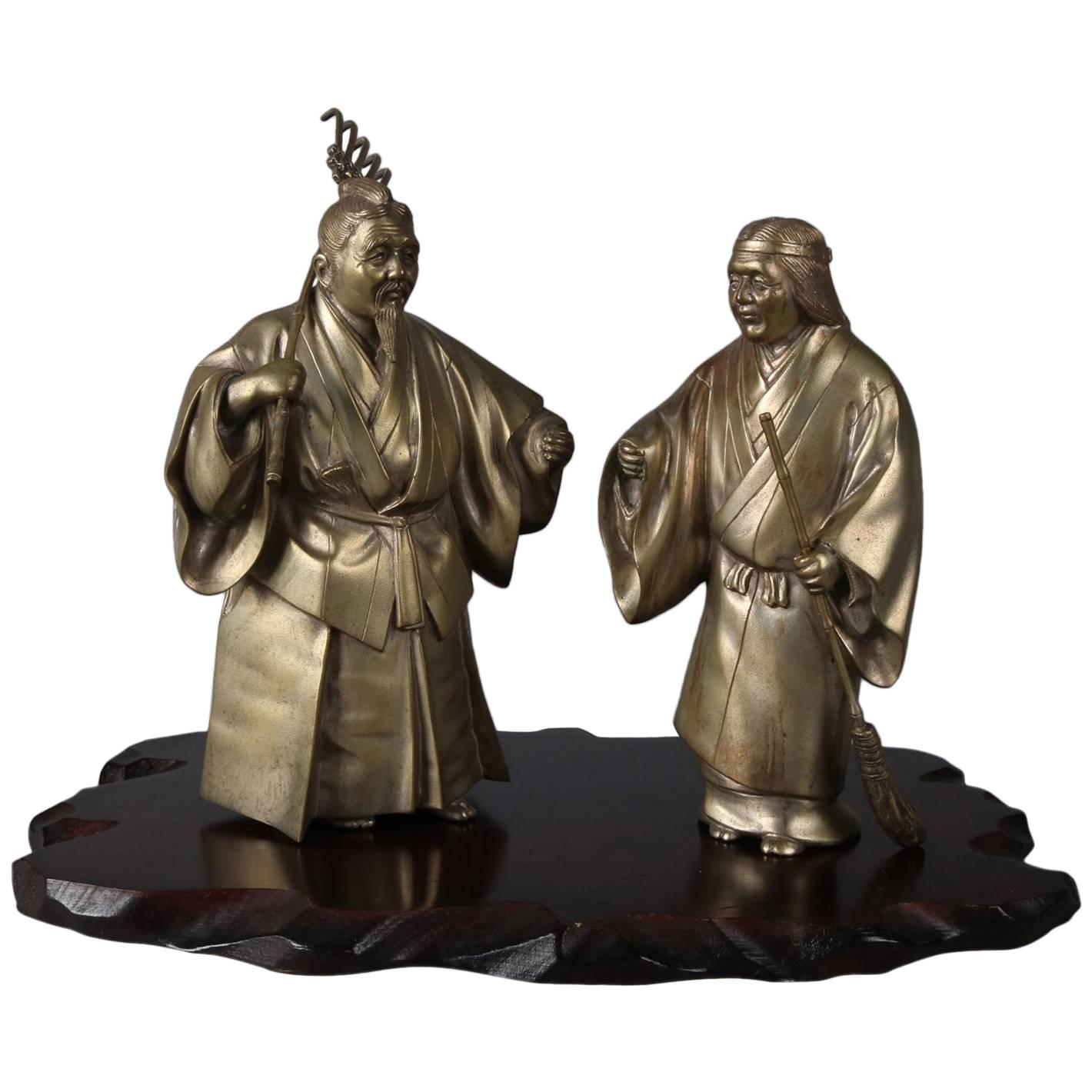 Japanese Figural Bronzed Sculptures of Jo and Uba on Wood Base, Signed