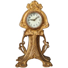 Antique Art Nouveau Gilt Boudoir Clock by New Haven Clock Co., Early 20th Century