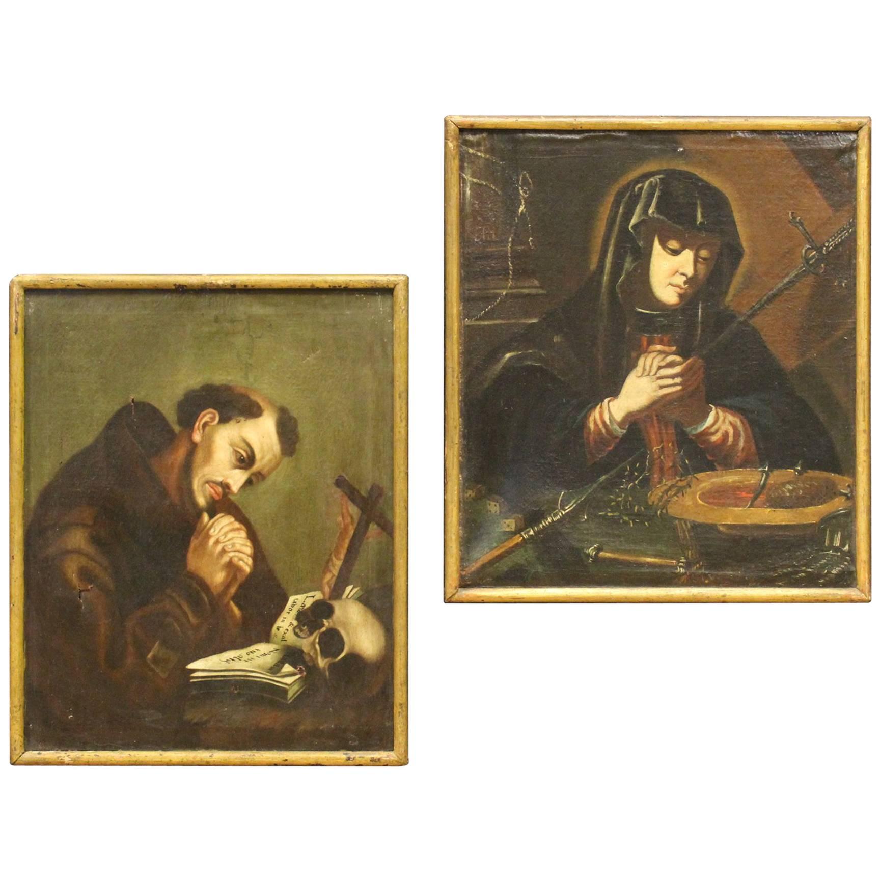 Pair French Religious Painting Oil On Canvas Virgin, Saint Francis 18th Century