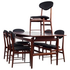 Set of Italian Dark Teak Wood Dining Table and 6 Chairs, 1950s