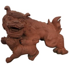 20th century Chinese Terracotta Garden Sculpture Tempel Lion.
