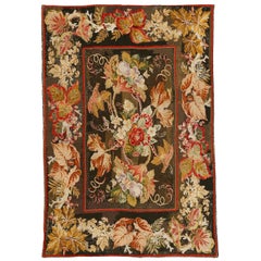 Antique Forest Green Early Victorian English Needlework Rug