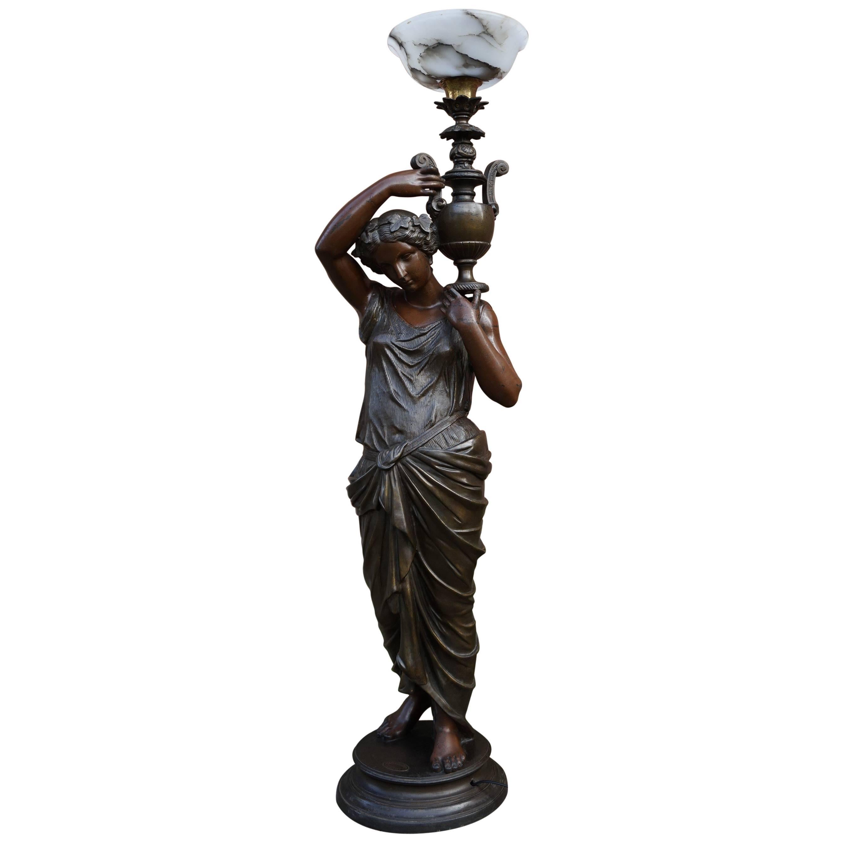 Art Nouveau Era, Bronzed and Marked 4 Feet Floor Lamp of Dione Goddess of Water