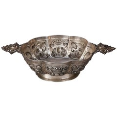 Antique Classical High Relief Repousse Sterling Silver Handled Bowl, 6.58 toz
