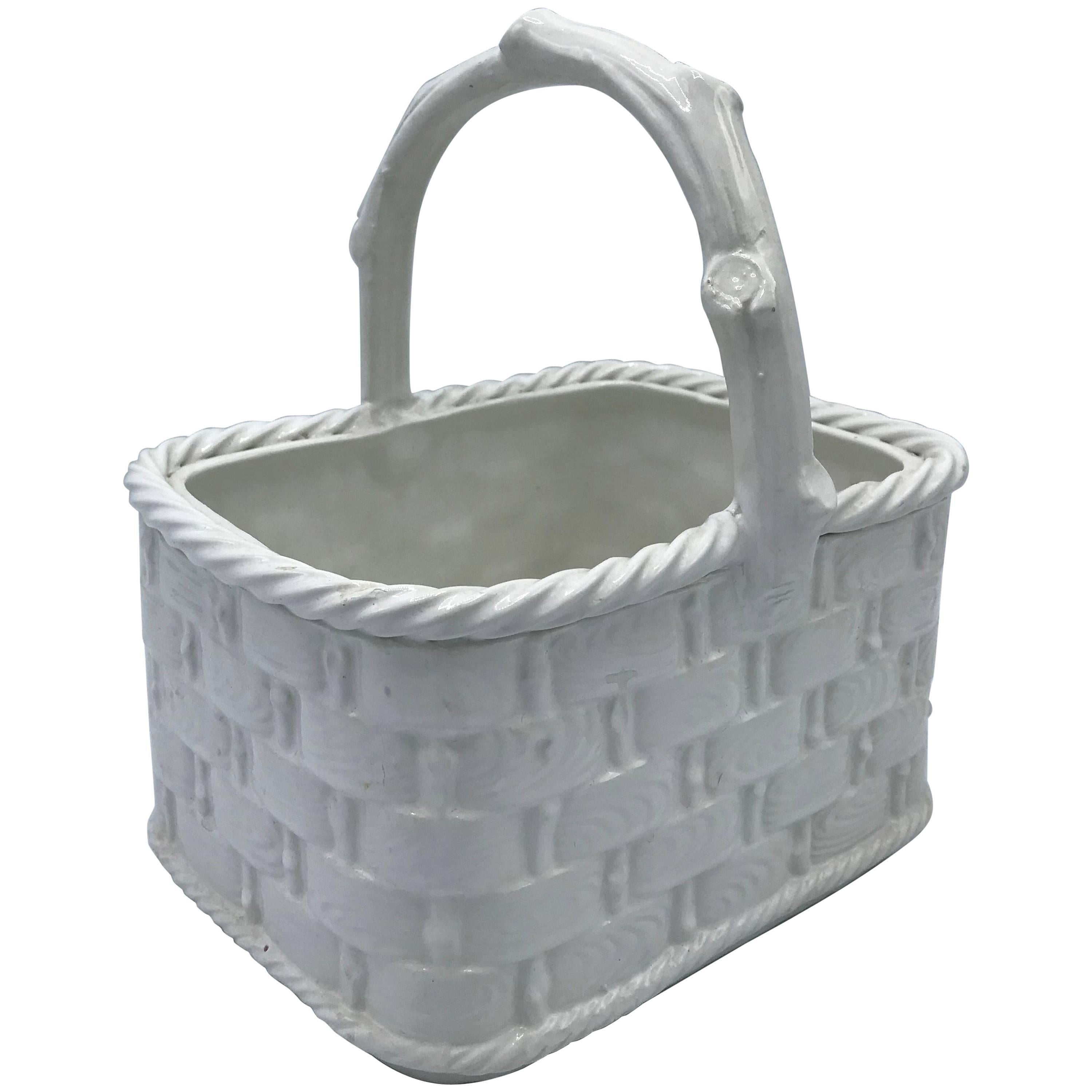 1960s Italian Ceramic Faux Bois Woven Basket Planter