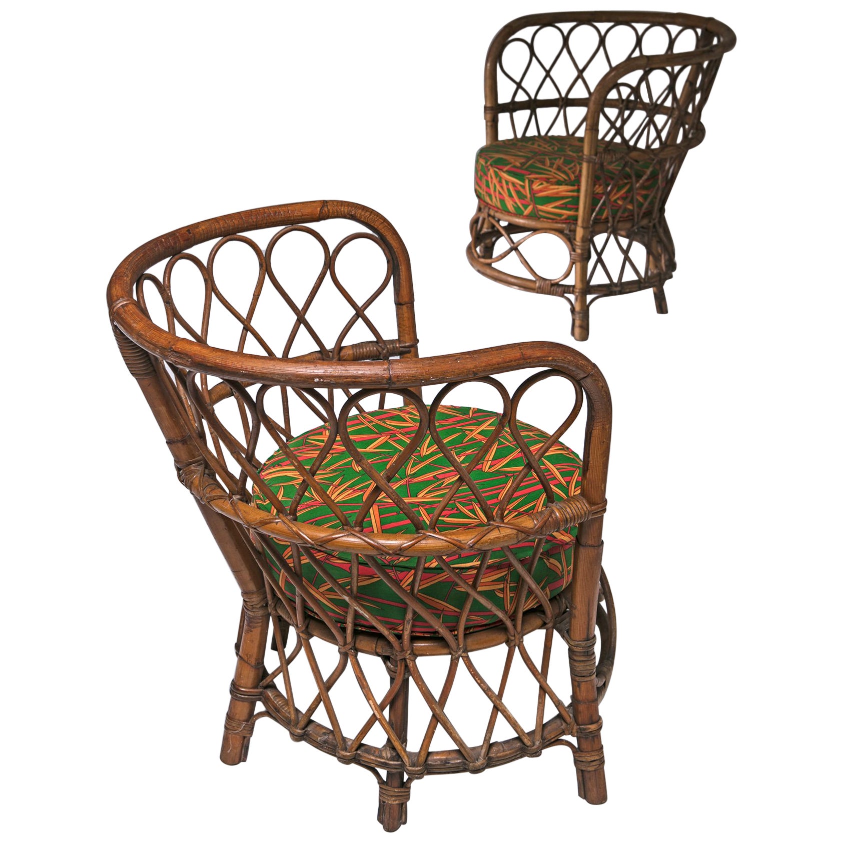 Set of Two Woven Plastic Wicker 1950s Bucket Chairs in Black and Blue