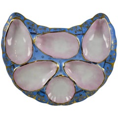 Porzellan Halbmondförmiger, handbemalter Austernteller in vergoldetem Periwinkle-Blau