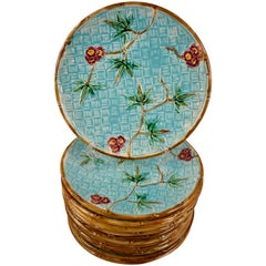 Antique 19th C. English Simon Fielding Basket Weave & Bamboo Majolica Plates, s/12