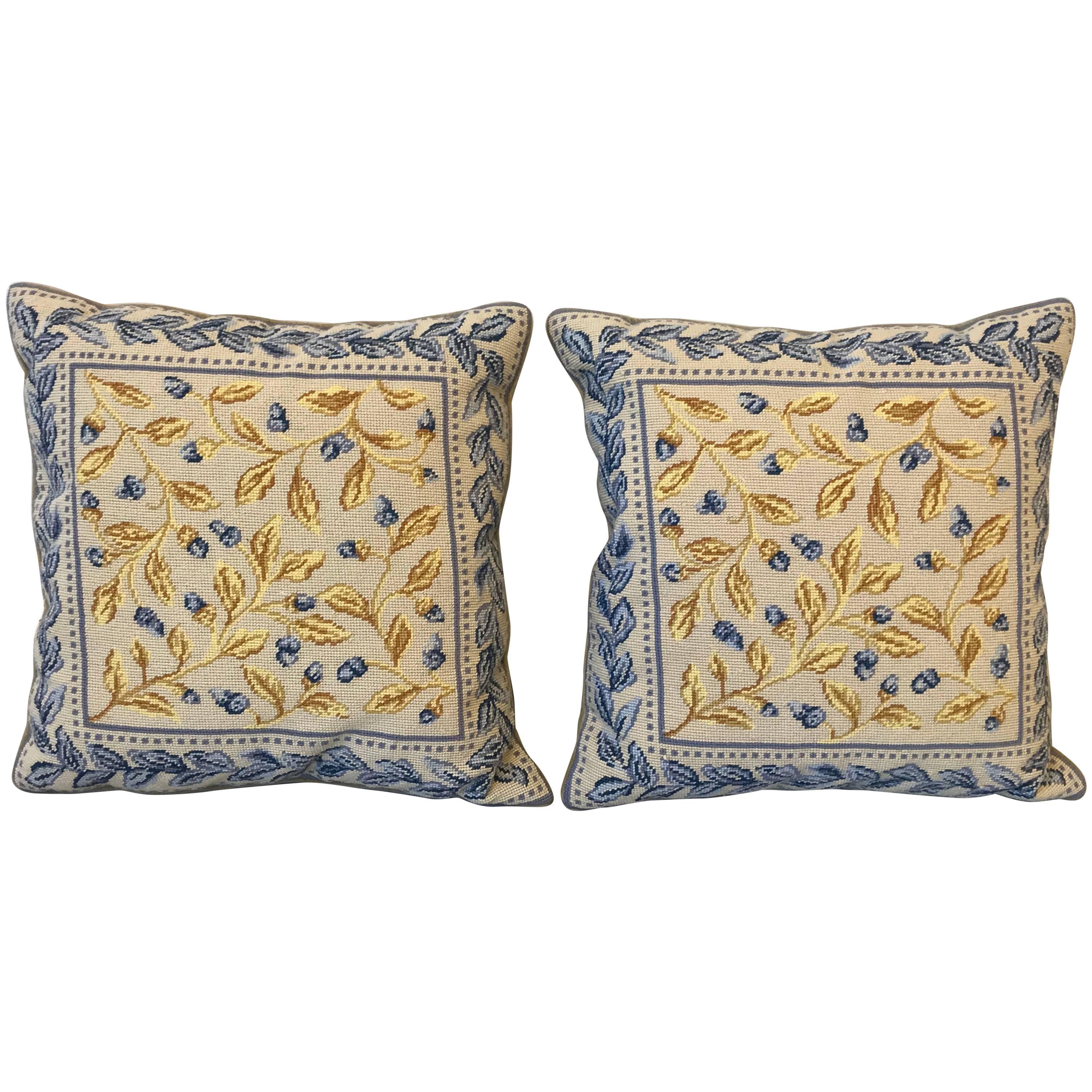 1970s Large Floral Motif Needlepoint Pillows, Pair For Sale