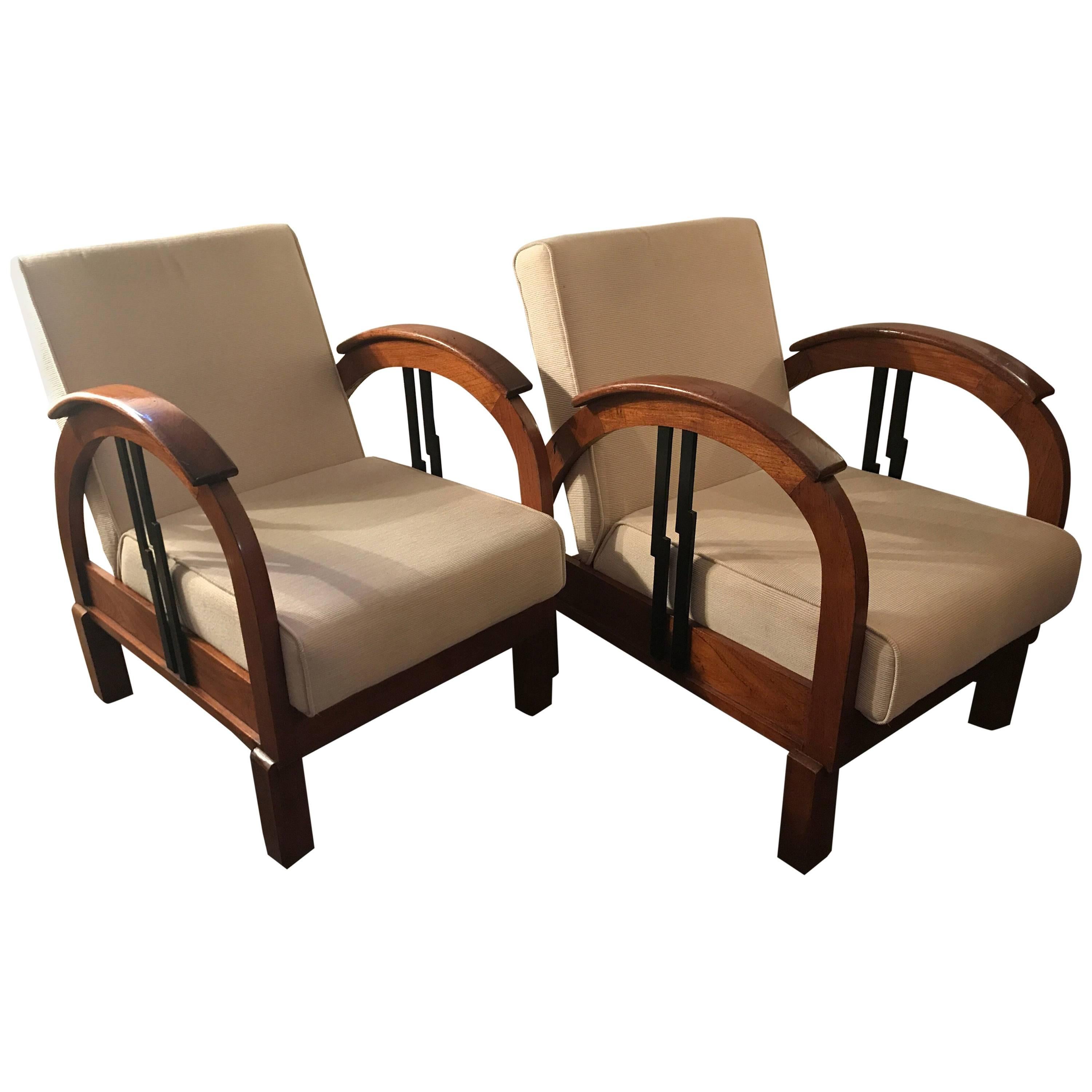 Pair of French 1930 Art Deco Colonial Style Wood Armchairs For Sale
