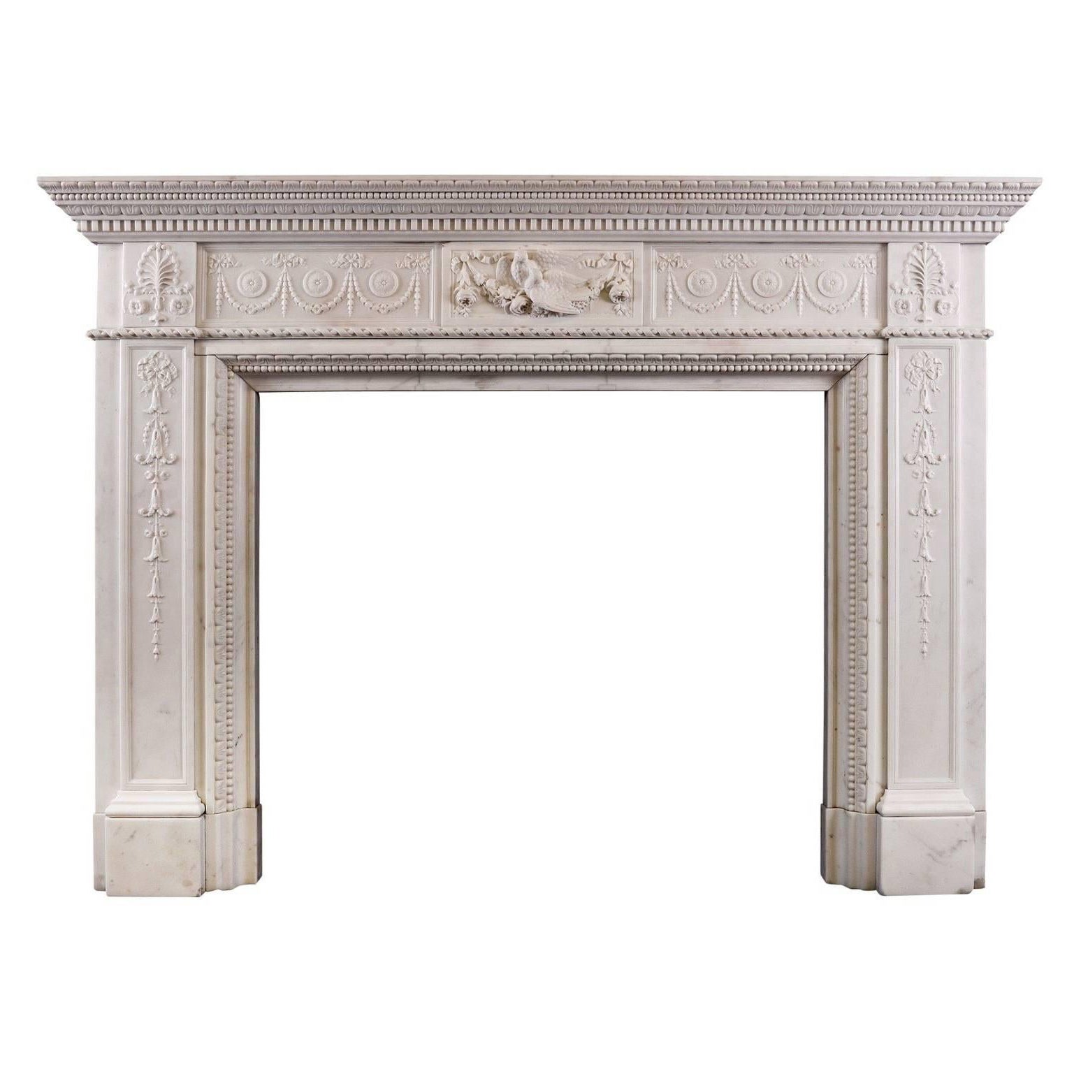 Finely Carved Statuary Marble Fireplace with Birds to Centre Block For Sale