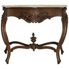 19th French Regency Carved Walnut Console Table with drawer & Marble top 
