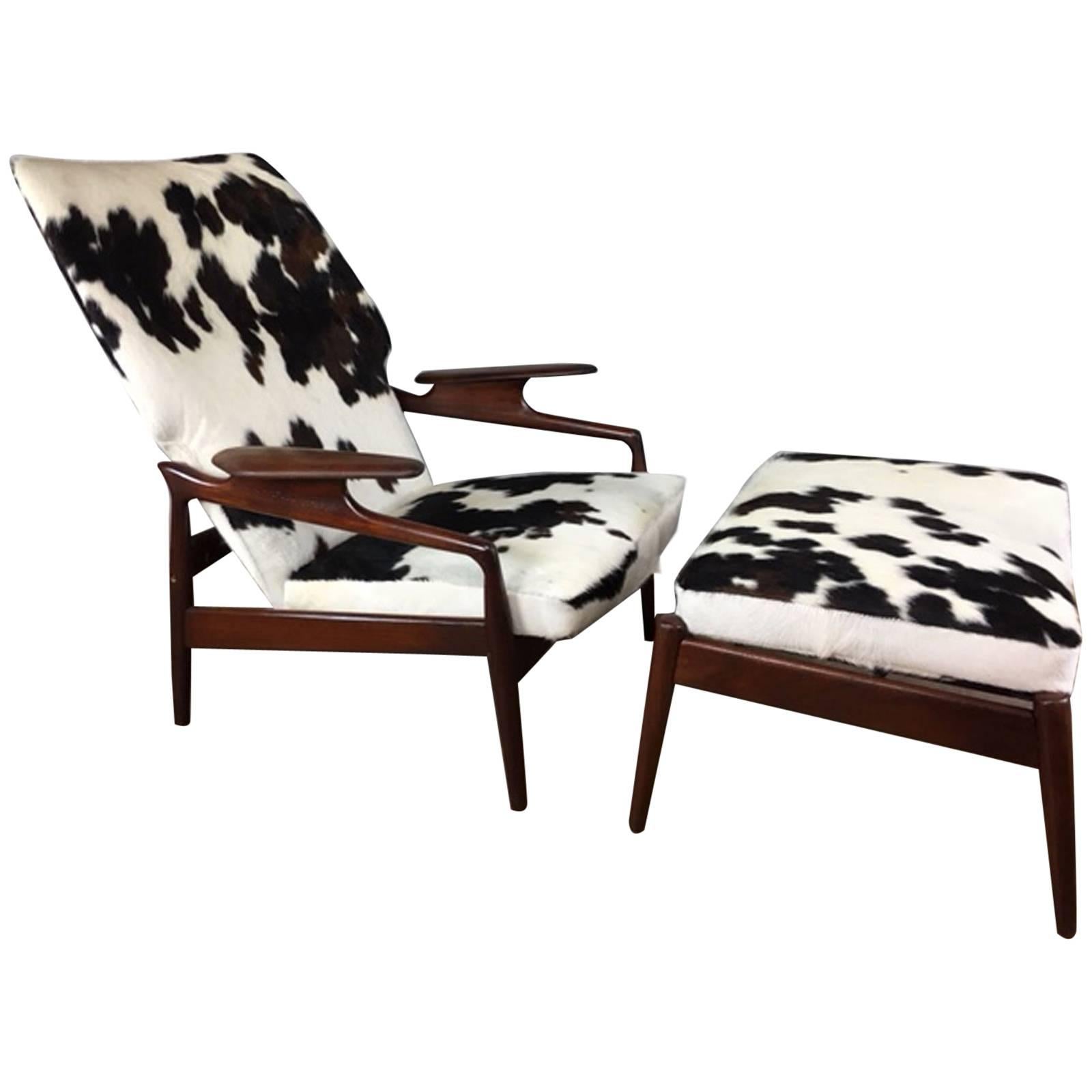 Finn Juhl Teak Reclining High Back Lounge Chair and Ottoman