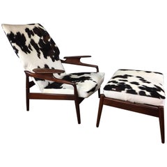 Finn Juhl Teak Reclining High Back Lounge Chair and Ottoman