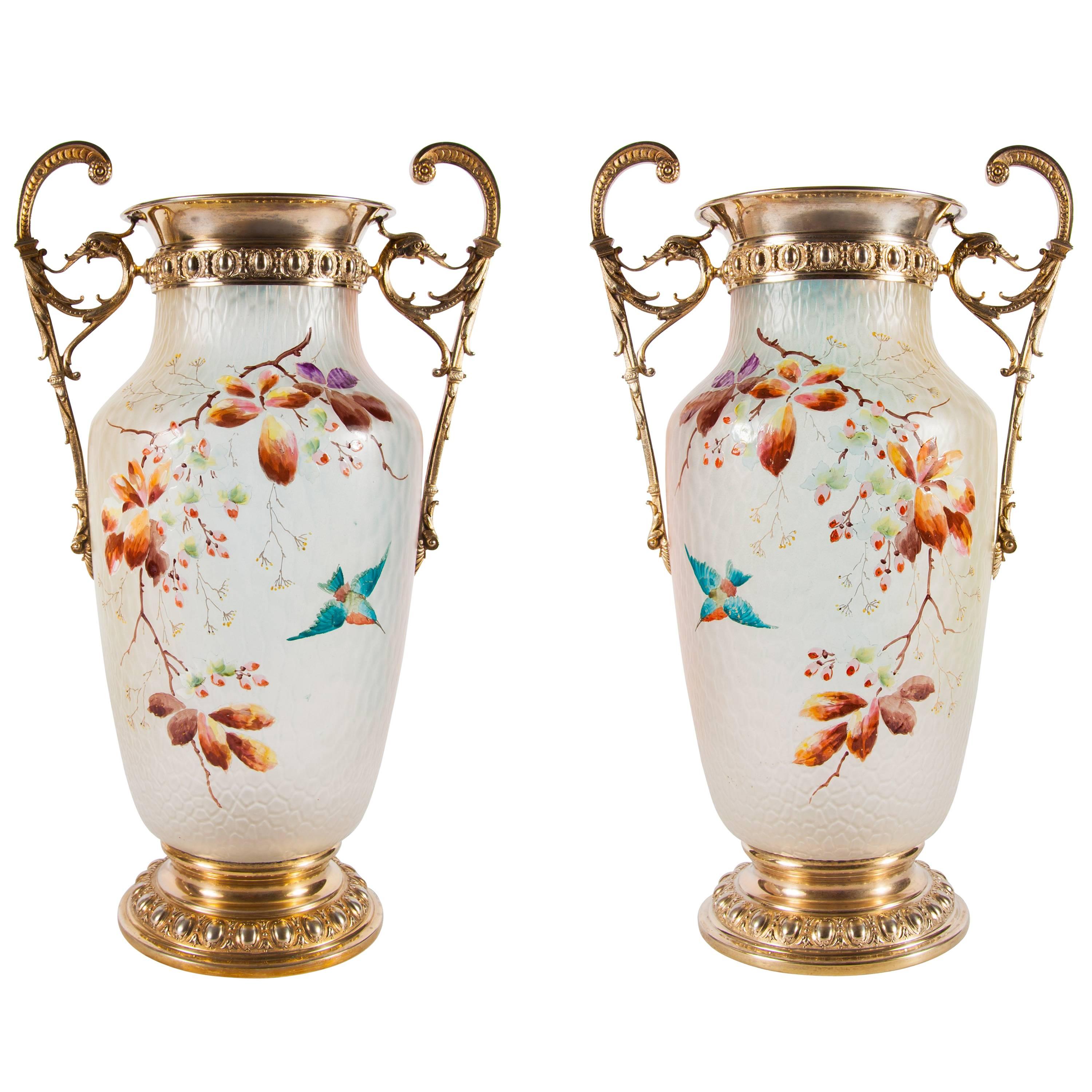Pair of German Antique Enamel and Frosted Glass Vases by WMF