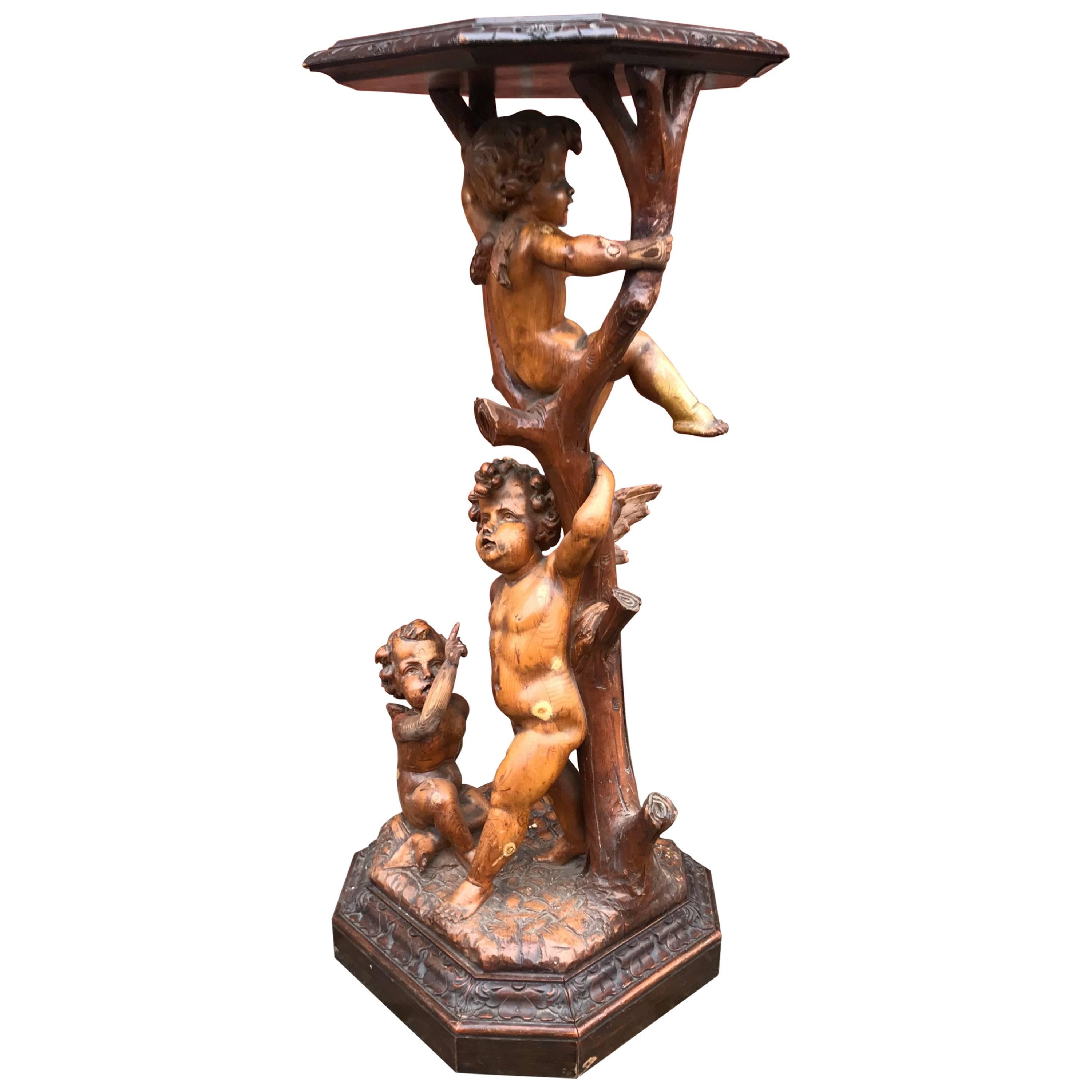 Antique Carved Baroque Style Playful Cherub Group Center Display Stand Pedestal