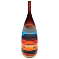 Large Cranberry Red Banded Tall Glass Bottle by California Designer Caleb Siemon